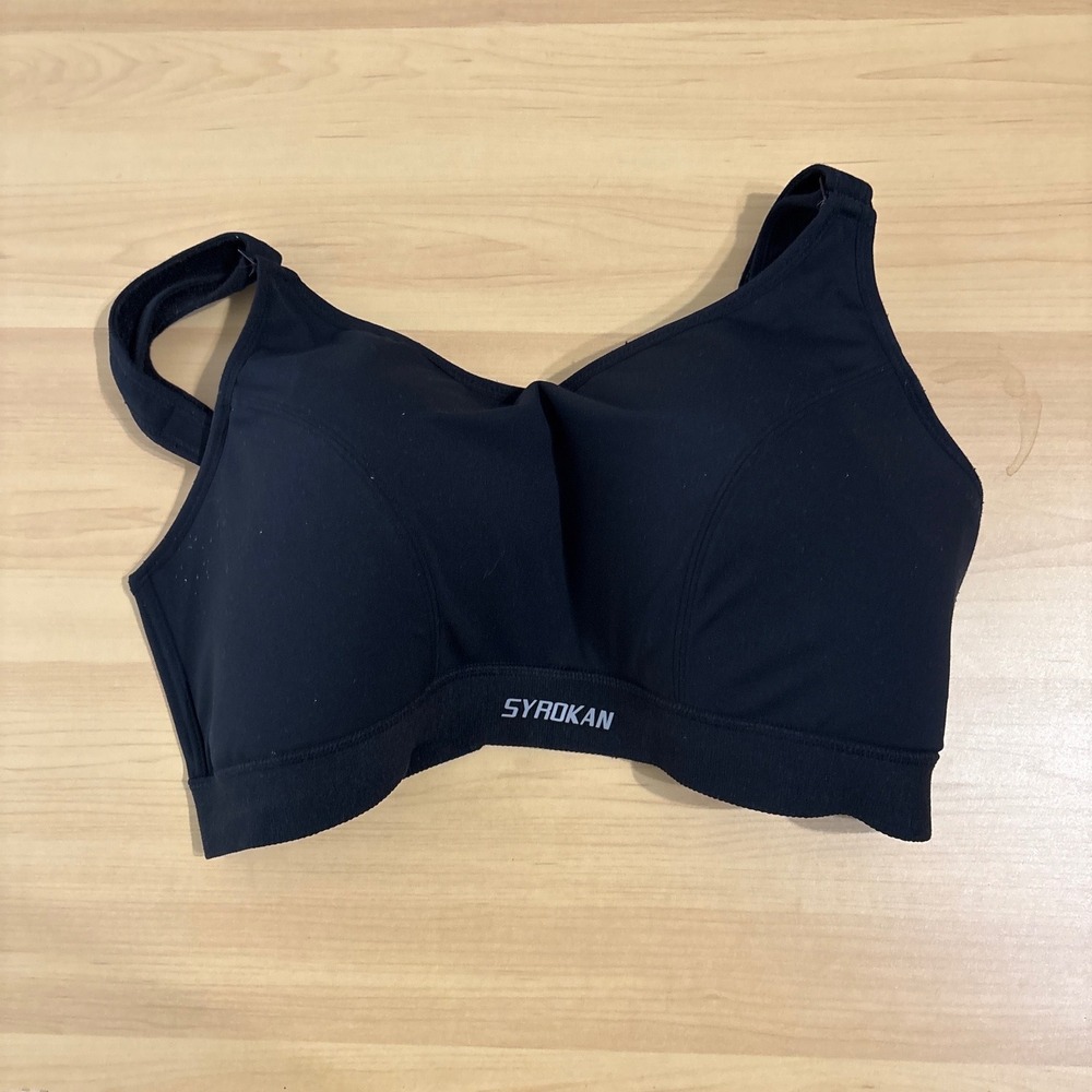 SYROKAN Womens High Impact Sports Bra Black Front Adjustable Straps A265A 34G